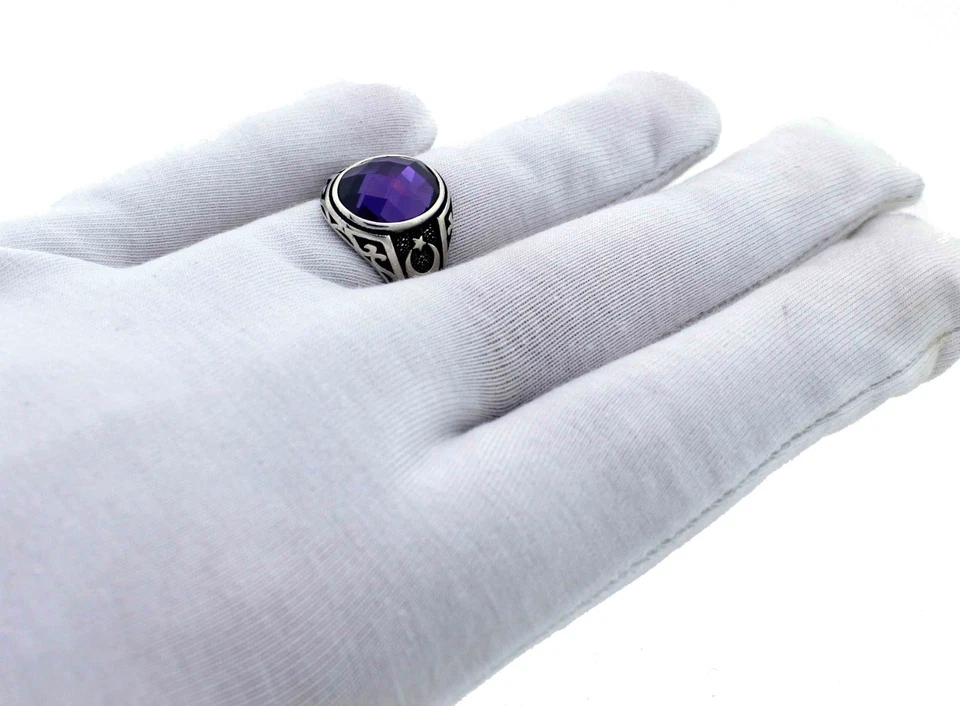 Anillo de plata de ley 925 con piedra amatista estrella de luna para hombre Foto 2 de 3