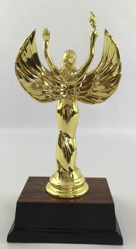 Gold Tone Plastic Angel Women Figure Torch TROPHY Woodgrain Base - Picture 4 of 9