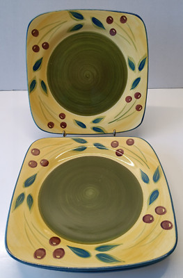 Set of 3 Maxam Sonoma Tuscan Olive Green Square Salad Plates 7.25'' Hand Painted