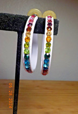 WHITE ENAMEL ON METAL STUD HOOP EARRINGS WITH MULTI-COLORED CRYSTALS 2" ROUND