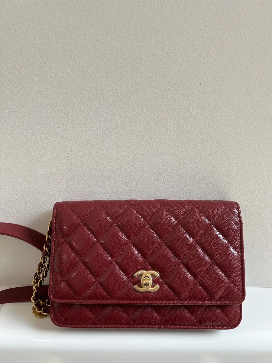 Chanel Dark Red Quilted Caviar Square Wallet On Chain WOC Gold