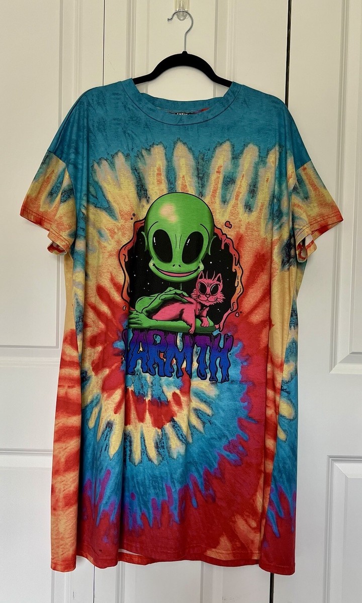 Shein Shirt Dress Rainbow Tie Dye Swirl Alien Cat Oversized Pajama