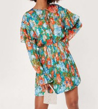 Nasty gal Pleated Floral Print Crew Neck Mini Dress. UK 10