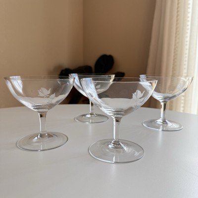 4 Vintage Stonegate Coupes Wine Glasses Etched Midnight Rose Pattern MCM 1950s