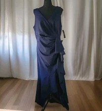 Betsy & Adam Sleeveless V-Neck Cascade Ruffle High-Low Gown Navy Size 14W 