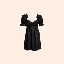 Reformation Black Linen Babydoll Dress with Puff Sleeves