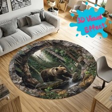 3D Bear Forest Round Rug, Wildlife Nature Area Rug, Bear Cave Illusion Floor Mat