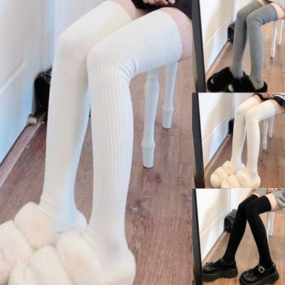 Women Ribbed Knit Thigh High Boot Socks Solid Color Vertical Over Knee Stockings