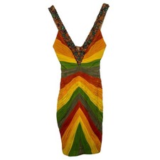 NWT Mandalay Multi Green Silk Beaded Sequin Midi Cocktail Dress Womens Size 2