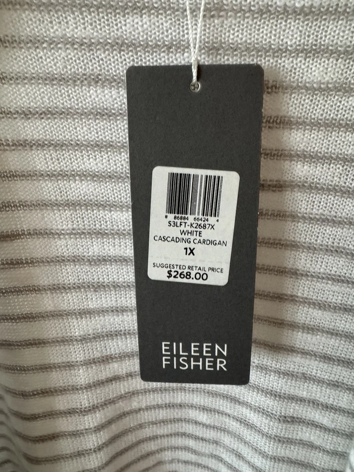 Nuevo con etiquetas Cárdigan Eileen Fisher Lino Algodón Slub Cascada Talla 1X Blanco Gris Foto 2 de 4