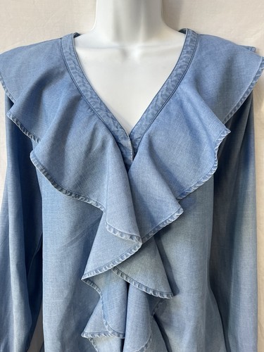 LAURA ASHLEY Denim Style 90’s Frilled Front Bow Ties Cuffs Blouse Shirt 16 - Bild 6 von 14