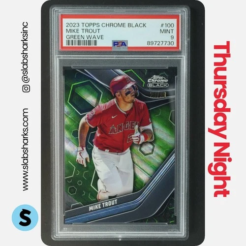2023 TOPPS CHROME BLACK #100 MIKE TROUT GREEN WAVE REFRACTOR /99 PSA 9