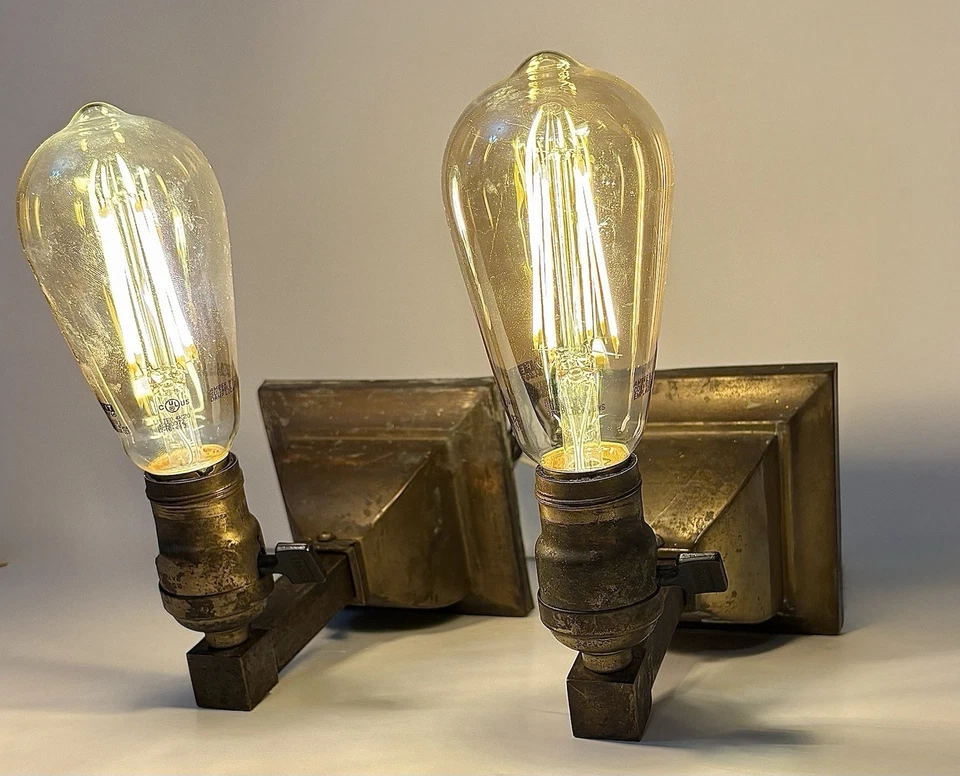 Antique Late 1800s Original Gothic Mission Arts Brass Copper Light Wall Sconces - Image 2 of 4