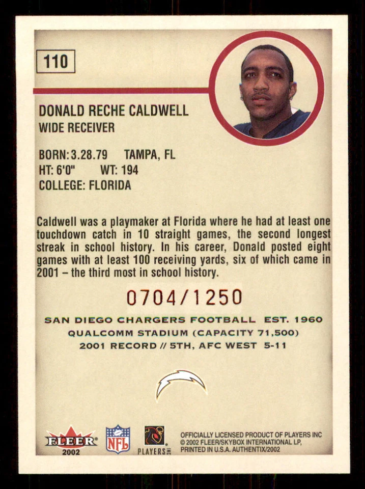 2002 Fleer Authentix #110 Reche Caldwell RC /1250 - Image 2 of 2