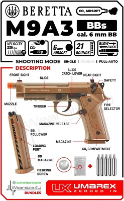 Umarex Beretta M9A3 Blowback Airsoft Pistol w/ CO2 Tanks and Mag