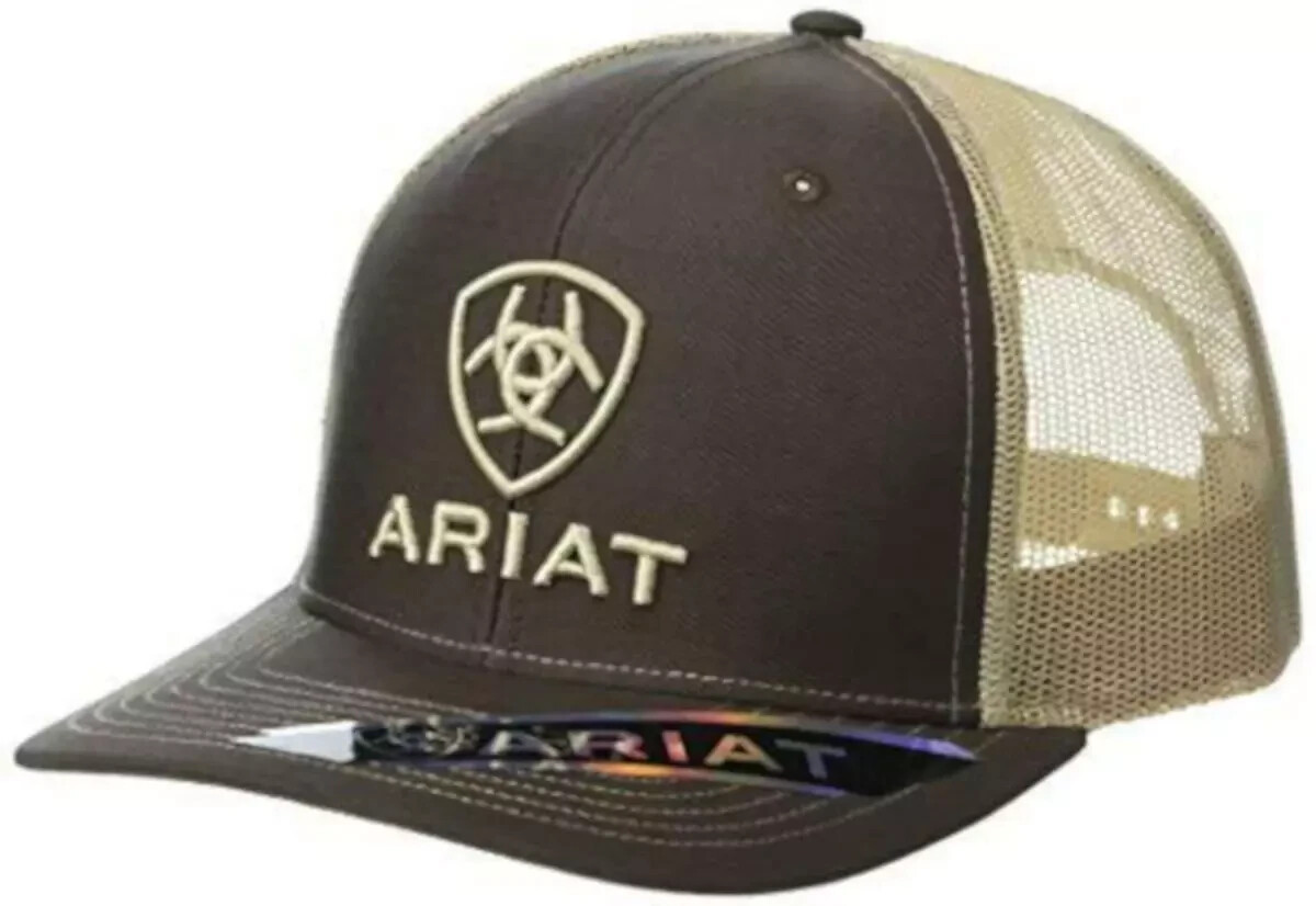 Ariat Mens Hat Baseball Cap Mesh Snap Back Logo Brown