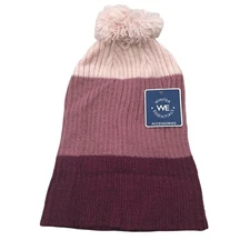 Winter Essentials Women's One Size Burgundy Stripes Knit Beanie Hat With Pom New