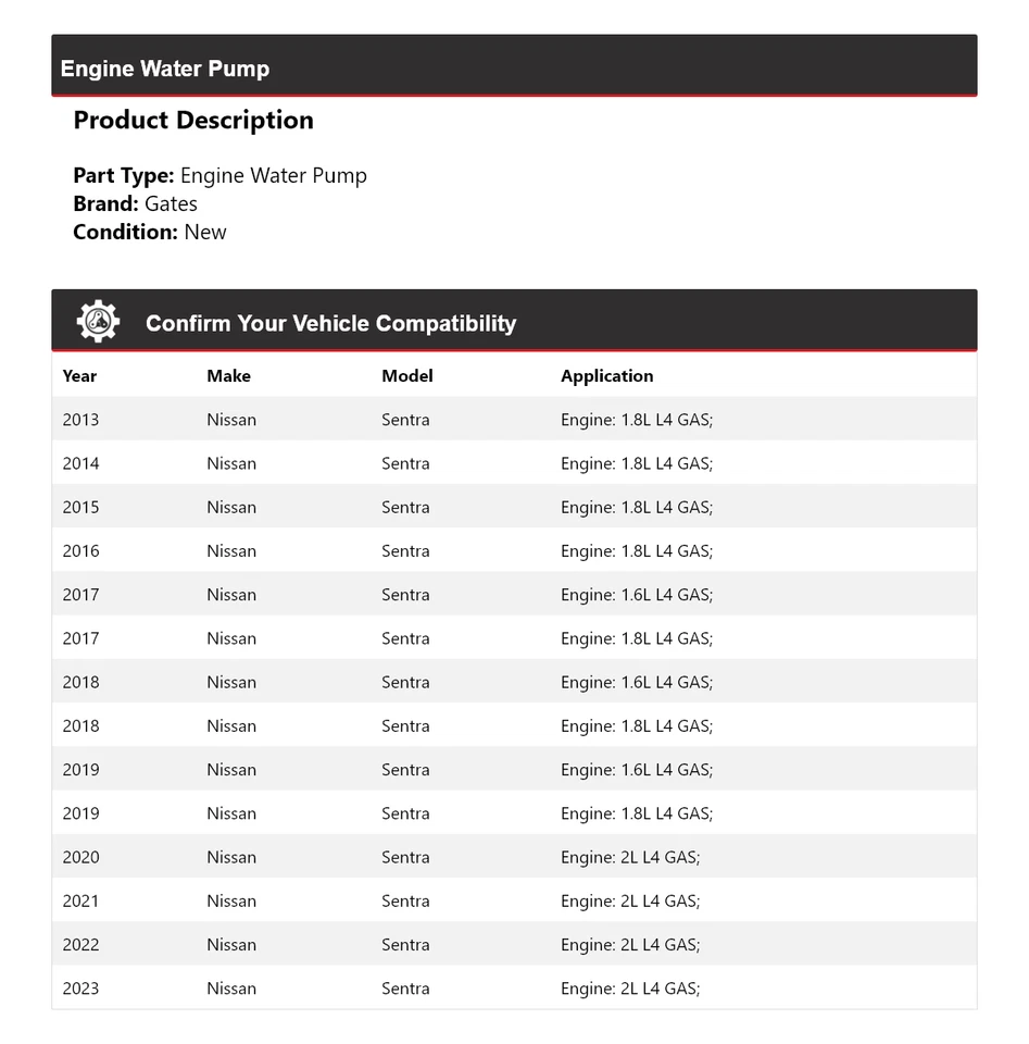 适用于 2013 - 2023 年日产 Sentra 发动机水泵门 2014 2015 2016 2017 2018 — 第 2/4 张图片