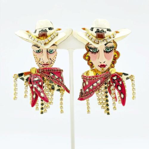 Lunch at the Ritz 22kt Plated Enamel & Rhinestone Cowgirl & Cowboy Earrings
