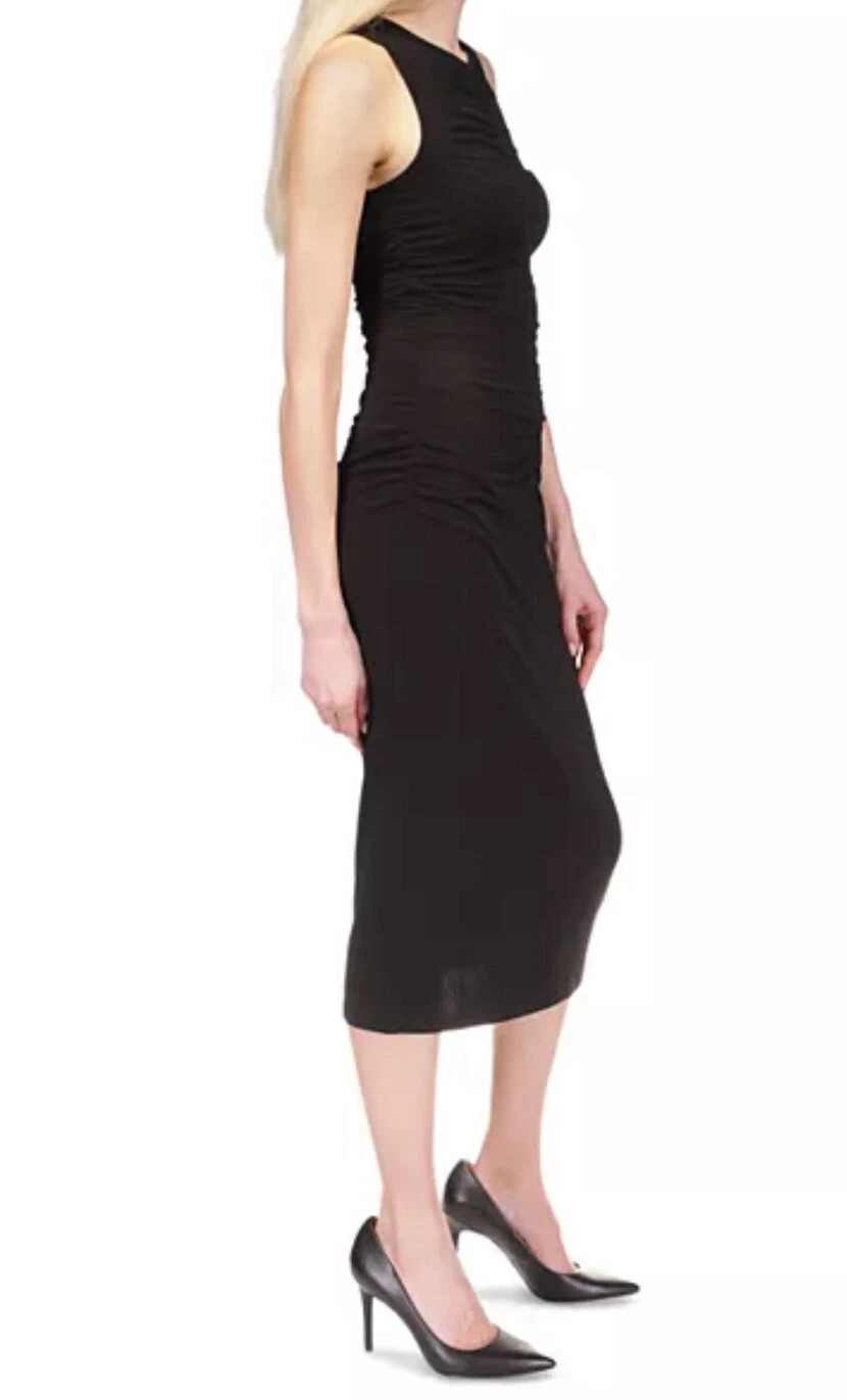 MICHAEL Michael Kors abito MIDI senza maniche increspato davanti nero grande $140