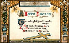 Happy Easter, Cross, Vases, Verse 1910 Embossed Postcard