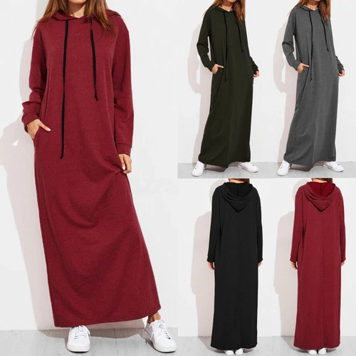 Damen Frauen Langarm Kapuzen Hoodie Sweatshirt Winter Herbst Maxikleid Party - Bild 2 von 13