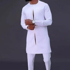 Men Leisure Long Sleeve Shirt White Trousers Sets 2 Pieces Suit Traditional Male