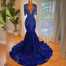 Royal Blue Prom Dresses Sheer Neck Crystal Sequin Mermaid Birthday Party Gowns