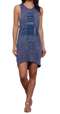 Obey PATCHWORK PATTERN Black Iris Acid Wash Raw Edge Sleeveless Junior's Dress