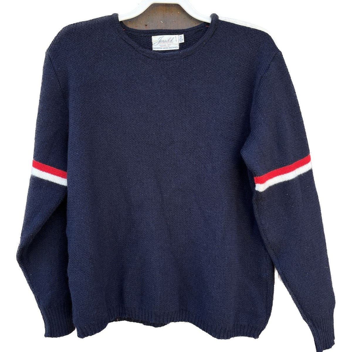 Jersild Knitting Co 100% Pure Virgin Wool Sweater SIze XL Mens Navy, Red,  White