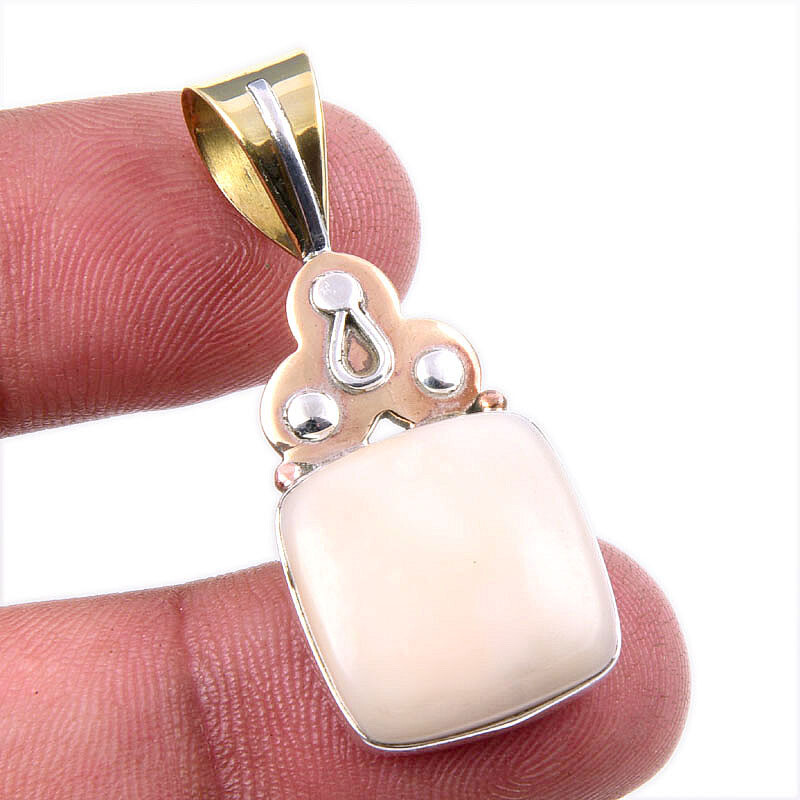 Natural Pink Opal Gemstone 925 Solid Sterling Silver Two Tone Pendant 1.75