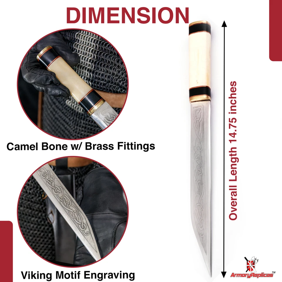 Cuchillo Viking Seax 10" hoja de acero inoxidable mango de hueso de camello con funda de cuero Foto 2 de 4