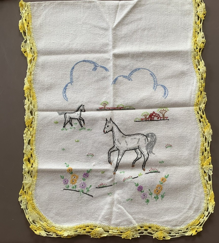 Vintage Beige &Yellow Dresser Scarf 15” X 40” Embroidered Horse In