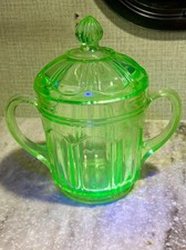 Anchor Hocking Block Optic Uranium Green Depression Glass Covered Sugar Bowl