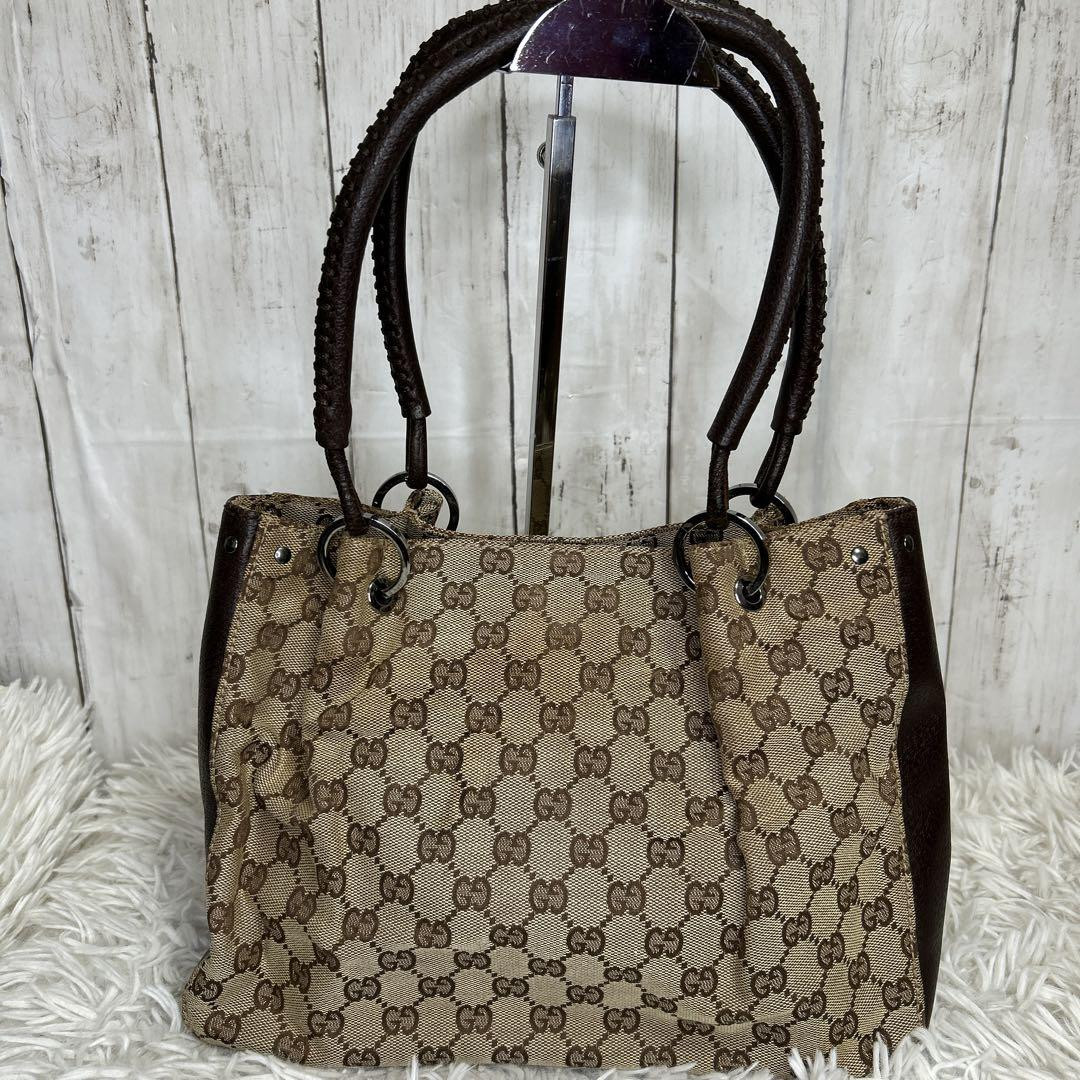 Gucci GG Canvas Tote Bag Brown Leather Handbag Preowned Excellent Condition