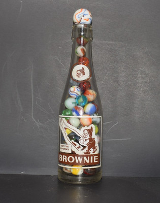    Mixed Vintage lot of 64 Marbles in    1950S BROWNIE Soda Pop Bottle