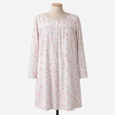 Vintage 90s Floral Lace Button Nightgown Size L Cottagecore Pink Long Sleeve PJs