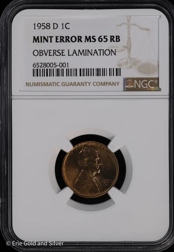 1958 D 1C Lincoln Wheat Cent NGC Mint Error MS 65 RB Lamination
