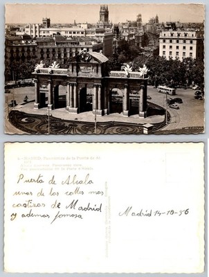 1956 Madrid Spain Puerta de Alcala Real Photo Postcard RPPC City View