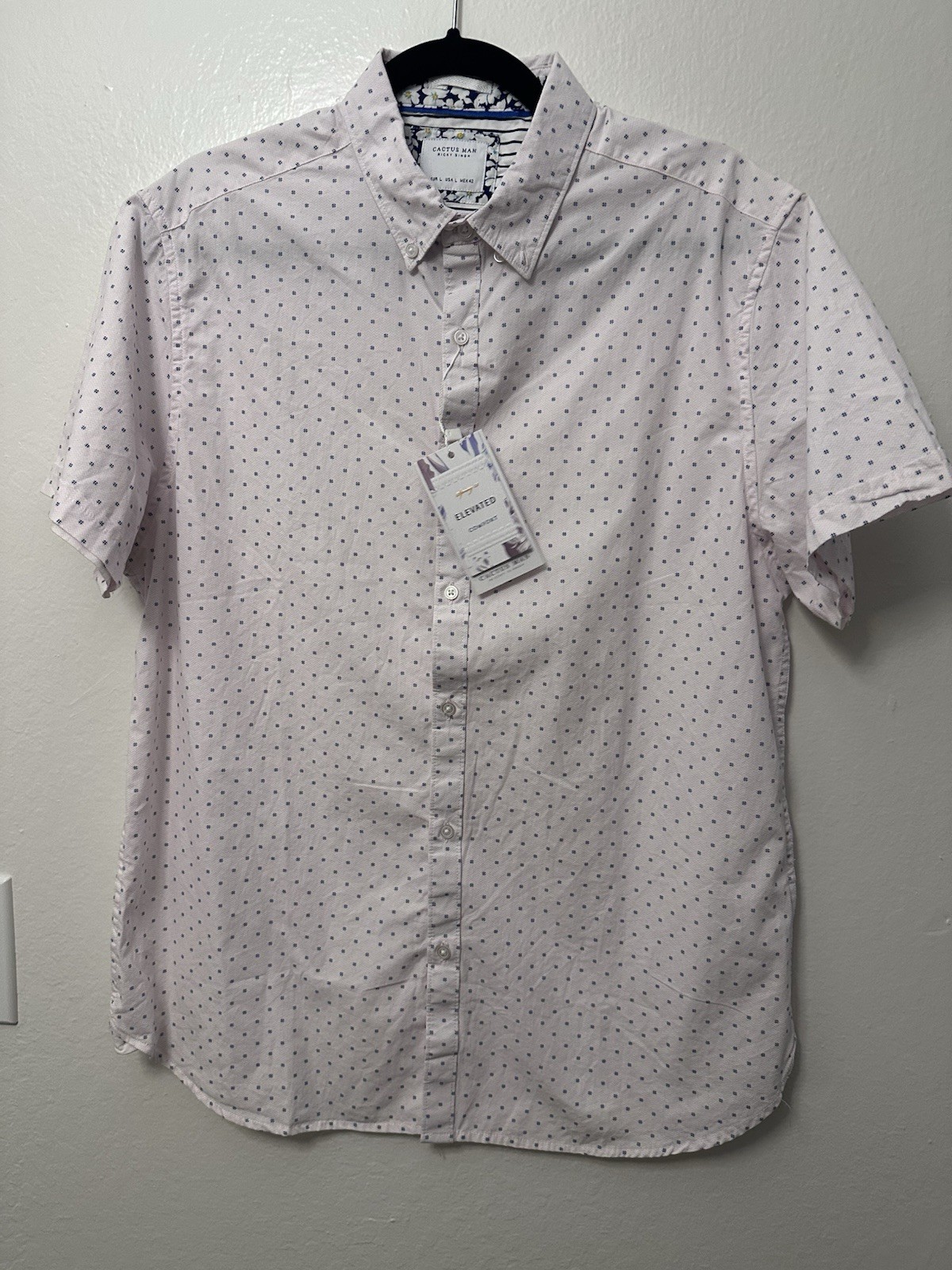 Cactus Man Mens Short Sleeve Button Up Shirt Micro Dot Size L Slim Fit White