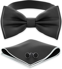Men's Black Bow Tie with Handkerchief Cufflinks Pre-Tied Style Formal Satin...