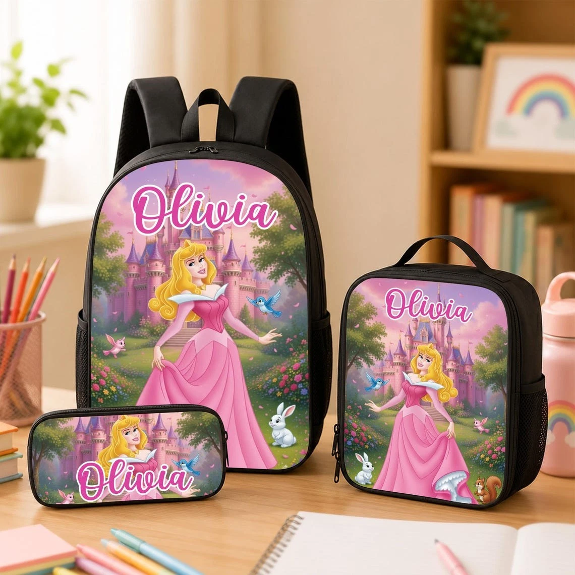 Personalized Pink Princess Backpack Set – Custom Name School Bag, Set of 3