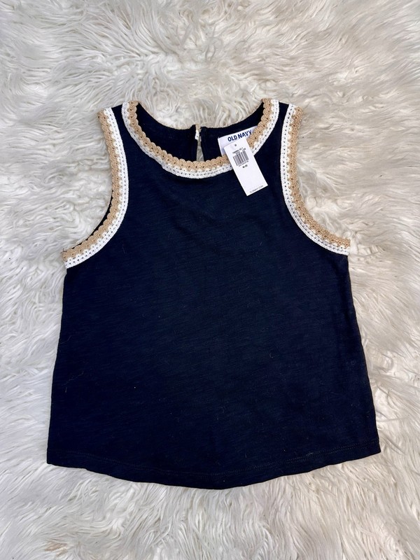 Old Navy Girl Black Dress Tank Top Shirt Tan White Crochet Trim Back M 8