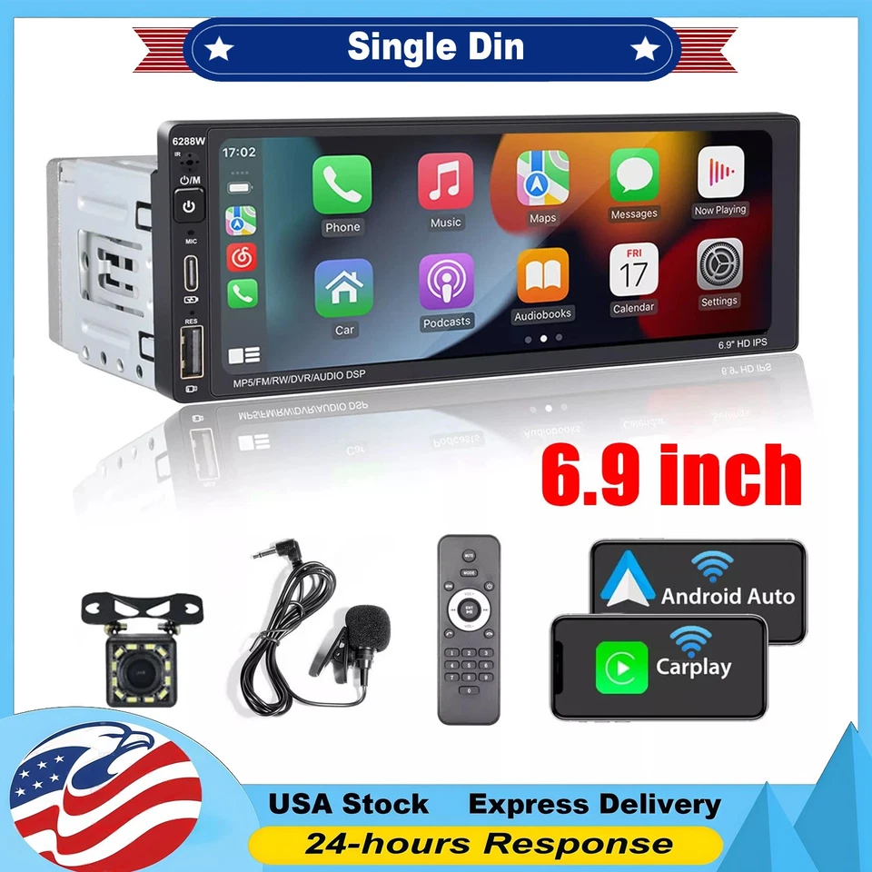 VIREGO Single Din Car Stereo Wireless Apple CarPlay 6.9 touchscreen Bluetooth Radio USB