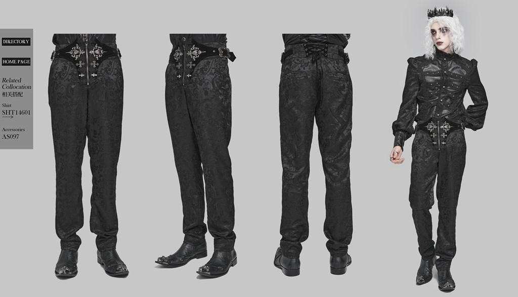 Devil Fashion Men Steampunk Jacquard Pants Black Goth Victorian Vintage Trousers