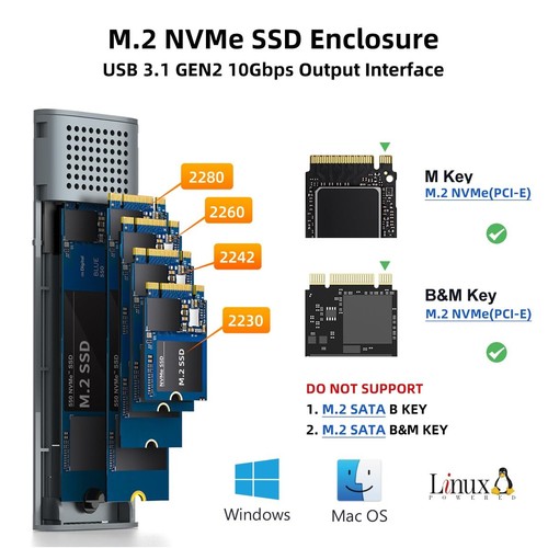 M.2 NVMe SSD Enclosure, USB 3.1 GEN2 10Gbps Support UASP Trim, 8TB Capacity, ... - Picture 2 of 8