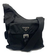 Prada Tessuto Nylon Shoulder Bag Messenger Bag Front Buckle Crossbody Black