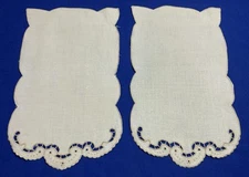 Two Vintage Rectangle Doilies, Linen, Scroll Embroidery, Off White