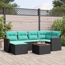 7 Piece Patio Sofa Set with Cushions Black Poly Rattan