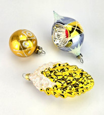 3 Vintage Christmas Ornaments Teardrop Indent Pine Cone Sphere Gold Glitter
